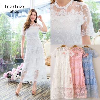 เดรสลูกไม้มี3สี!!! M-L Maxi Dress เดรสลูกไม้สีขาวผ้าปักทั้งชุด งานป้าย Love Love