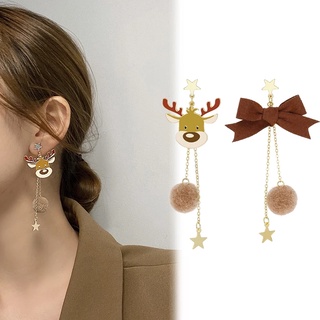 [Christmas Products]Women Cute Christmas Elk Bow Asymmetry Tassel Dangle Earring