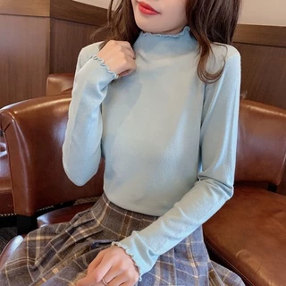 เสื้อแขนยาวผู้หญิง คอเต่า สีพื้น เนื้อผ้านิ่ม สไตส์เกาหลี