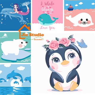 🔥Ready Stock🔥 DIY Painting 20*20cm Framed Canvas Paint By Numbers Cartoon Animal Children Digital Painting Penguin Polar Bear Dolphin Wall Art Home Decor จิตรกรรม Oil Painting