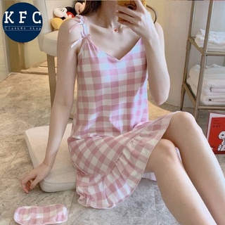 🌟KFC🌟ชุดนอนเดรสกระโปรงสายเดี่ยว มีฟองนำ้ดันทรง แถมผ้าปิดตา M-2XL👗 #4545