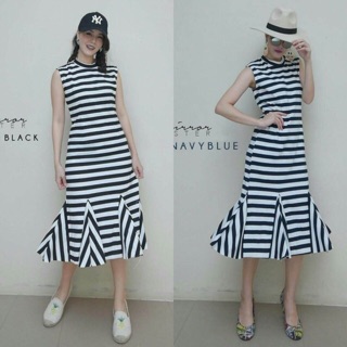 "Pararell stripe fish-tail maxidress"