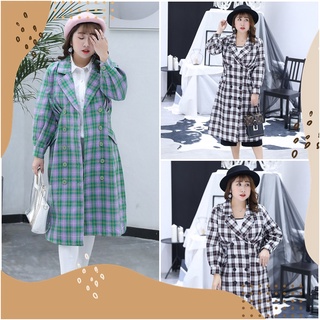 PMSWEET PLUSSIZE : PM4303 : พร้อมส่ง เสื้อผ้าไซส์ใหญ่ คนอ้วน สาวอวบ เสื้อคลุมตัวยาว เสื้อผ้าฝ้าย ลายสก็อต แต่งกระดุมหน้า