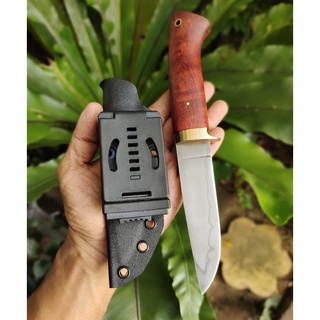 มีดใบตาย (fixed blade) มีดเดินป่า มีดแคมป์ มีดพก ใบ 4.7 นิ้ว เหล็ก SK5 งานร้อน ผิวฮาม่อน ด้ามประดู่ลายเสือ ซอง Kydex มีด