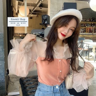 เสื้อกำมะหยี่ แขนซีทรู สีชมพูโอรส