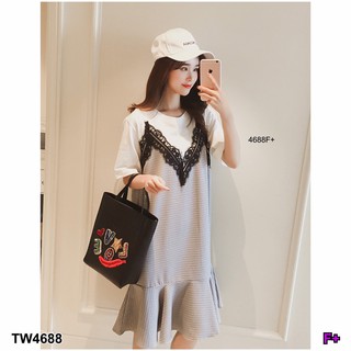 TwinsShopVip💗พร้อมส่ง TW4688 เอี๊ยมกระโปรงสายเดี่ยวชายระบาย+เสื้อแขนระฆัง