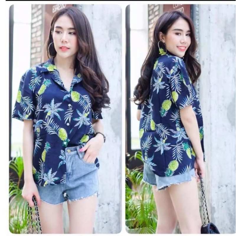 สินค้ามีพร้อมส่ง เสื้อฮาวาย เสื้อลายดอก เสื้อสงกรานต์ เสื้อ ผ้าสปันพิมส์ลายสัปะรด-ใบไม้