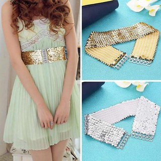 ☺♡ พวงกุญแจหนังวัวสตรี Punk Sparkling Sequins เข็มขัดยืดเอวกว้าง