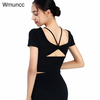 Wmuncc เสื้อครอปท็อปแขนสั้น แบบแห้งเร็ว พร้อมแผ่นรองหน้าอก สําหรับผู้หญิง ใส่เล่นโยคะ ฟิตเนส