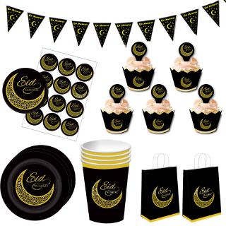 Eid Mubarak Gold Black Moon Disposable Tableware Paper Plates Cup Ramadan Mubarak Party Supplies