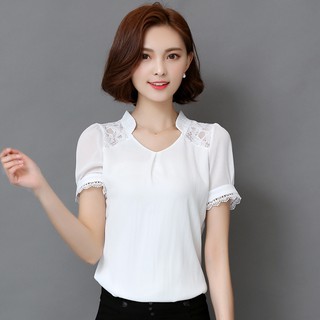 เสื้อทำงานสีขาว แขนสั้น ผ้าชีฟอง สวยดูดี เรียบร้อยสไตล์สาวเกาหลี M,L