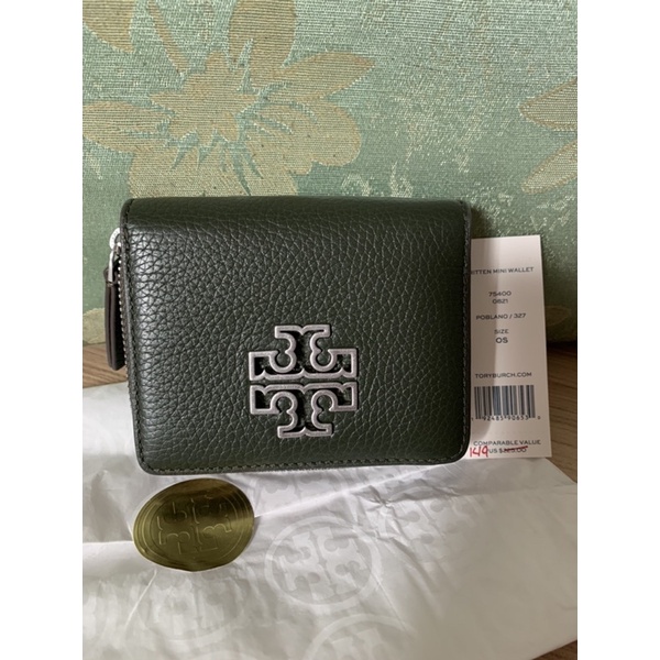 Tory Burchกระเป๋าตังค์สั้น ❤️❤️รุน 75400 Britten Mini Wallet สีเขียวpoblano  อะไหล่เงิน มีช่องใส่แบงค์ ช่องซิปใส่เหรียญ | Shopee Thailand