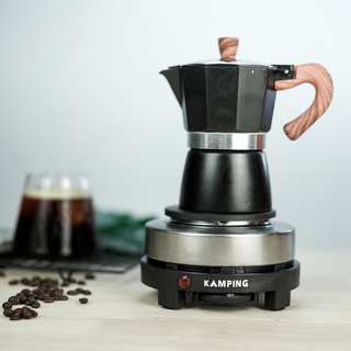 (Kamping สีดำ) เตาไฟฟ้า และ หม้อต้มกาแฟ 150 ml. moka pot สไตล์อิตาลี หม้ออลูมิเนียม
