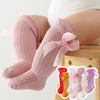 LAA6-Baby Girls Long Stockings,Solid Color Cute Bowknot Breathable Loose Mouth Socks