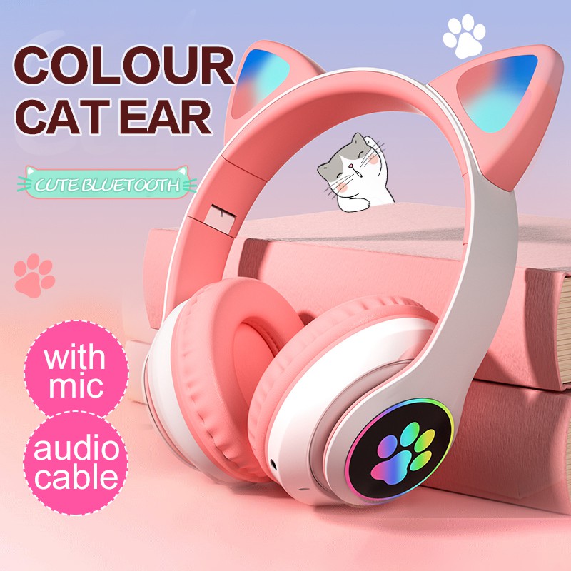 Cute cat ear Bluetooth 5.0 headphone Pink stereo Headphones Wireless Gaming Headset with mic