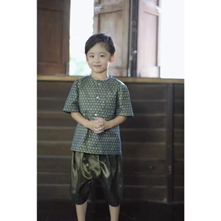 ชุดไทยเด็กชาย ผ้าค้อตต้อนสีกรมท่า โจงสีเขียว