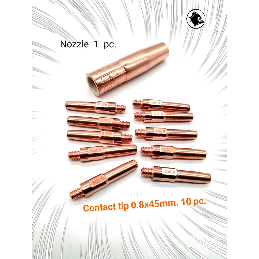 Contact Tip pana 0.8x45 mm. หัวเชื่อม Co2/MIG พานาโซนิค พร้อม Nozzle pana200 ปลอกหัวเชื่อม ซีโอทู ใชกับ สายเชื่อมไฟฟ้า .
