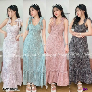 18628 เดรสยาว ผูกไหล่ 2 ข้าง ลายดอกไม้ Long dress with two shoulder ties, floral print