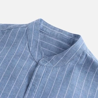 [พร้อมส่ง]เสื้อเชิ้ตผ้าลินิน，สำหรับผู้ชาย เสื้อเชิ้ตคอจีนแขนยาว，ลายทางแนวตั้ง