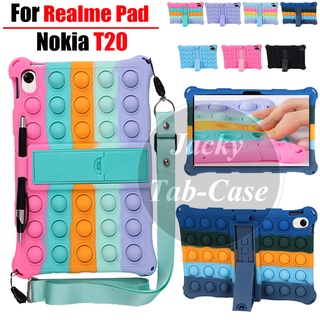 เคสแท็บเล็ต ซิลิโคนนิ่ม พร้อมสายคล้องไหล่ และขาตั้ง สําหรับ Realme Pad 10.4 นิ้ว Nokia T20 RMP2102 RMP2103 Wi-Fi LTE 2021