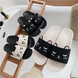 SD016 รองเท้าแตะยางนิ่ม แบบสวม กันน้ำ ลายแมวเหมียวน่ารัก สีดำ/ขาว