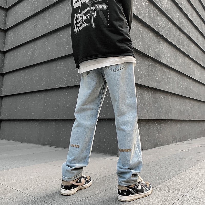 กางเกงยีนส์ผู้ชายทรงกระบอก shared& prosperity jeans ยีนส์มินิมอล เกาหลี y2k มาใหม่