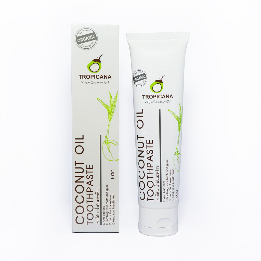 Tropicana oil ยาสีฟันน้ำมันมะพร้าว สูตรไม่มีฟลูออไรด์ ขนาด 100 G หมดอายุ 03/28