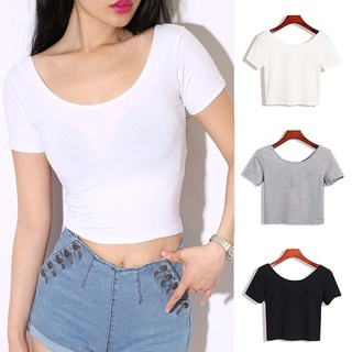 เสื้อครอป แขนห้าส่วน ผ้ายืด เข้ารูป สีพื้น สําหรับผู้หญิง