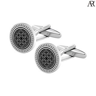 ANGELINO RUFOLO Cufflink(คัฟลิงค์) ดีไซน์ Crystal Warrior Shield กระดุมข้อมือคัฟลิ้งโรเดียมคุณภาพเยี่ยม สีเงิน/สีดำ