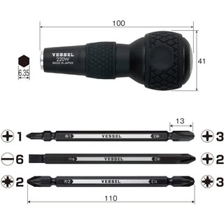 VESSEL 220w-3 ชุดไขควงหัวบอลเปลี่ยนหัวได้ 6-in-1 Made in JAPAN ชองแท้ 100% ออกใบกำกับภาษีได้