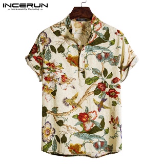 Incerun เสื้อเชิ้ต แขนสั้น ผ้าฝ้าย พิมพ์ลาย ติดกระดุม สำหรับผู้ชาย