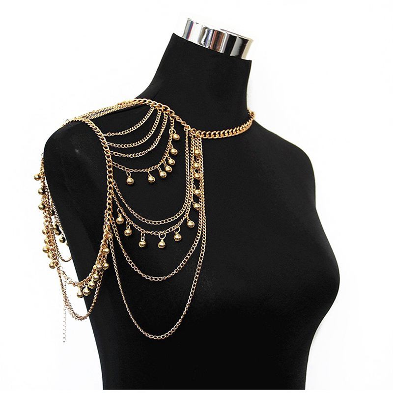 Gold Tone Harness Multilayer Body Chain with Bells Necklace Love Rocks
