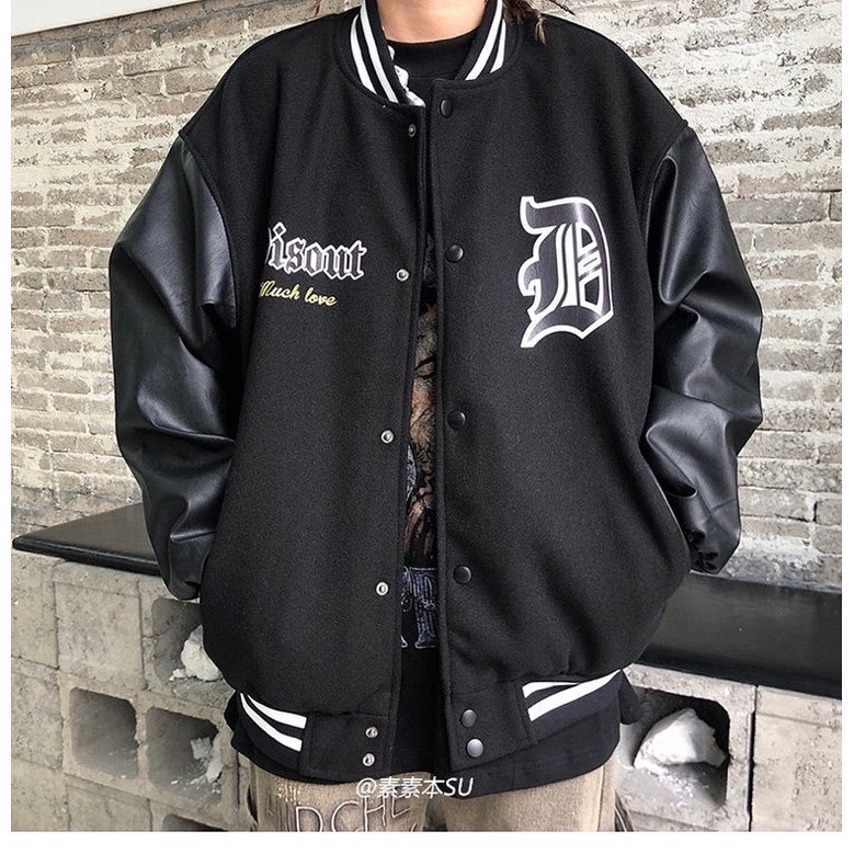 Kaki BOMBER JACKET with D-SLEEVE LEATHER (มีรูปถ่ายจริง)
