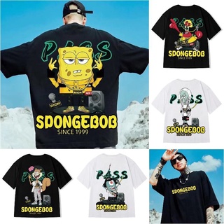 เสื้อยืดแขนสั้น พิมพ์ลาย SpongeBob SquarePants ทรงหลวม ขนาดใหญ่ สไตล์ฮิปฮอป สําหรับผู้ชาย และผู้หญิง ไซซ์ M - 3XL มีสีดํา สีขาว