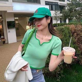 Suxi เสื้อยืดคอสี่เหลี่ยมแขนสั้นสําหรับผู้หญิง