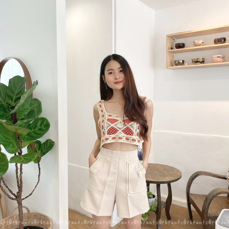Pbpants 💗 กางเกงขาสั้นเอวสูงแต่งเลเยอร์กระเป๋ายาว 17 นิ้ว