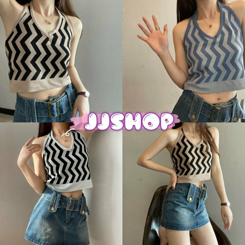 JJ Shop​ ​พร้อมส่ง เสื้อคล้องคอไหมพรม ลายทางหยักเว้าหลัง สุดเซ็กซี่ "1668" -N