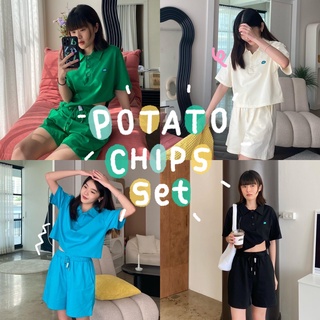 chuuchop_พร้อมส่ง(C7718) 🗺🔫 POTATO CHIPS set ชุดเซ็ตเสื้อโปโลครอปแขนสั้นและกางเกงขาสั้น มี4สี