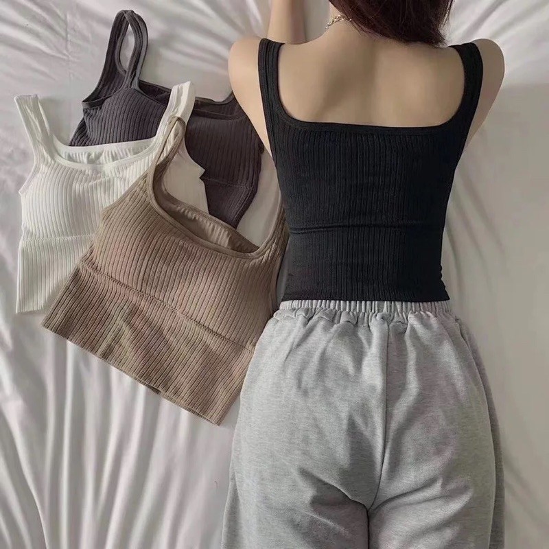 CHERISH (พร้อมส่ง) D22 เสื้อกล้าม คอเหลี่ยม สายเดี่ยว แฟชั่นบราผ้าร่อง มีฟองน้ำถอดได้ รัดรูป เก็บพุง ผ้านุ่ม คุณภาพดีมาก