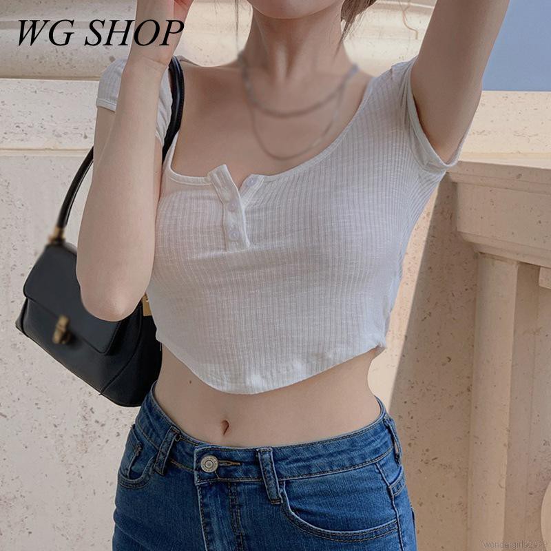 เสื้อครอปแขนสั้น แบบเข้ารูป สีขาว สําหรับผู้หญิง
