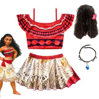 Kids Girls Moana Cosplay Princess Dress Vaiana Party Halloween Costume Dresses with Necklace Wig