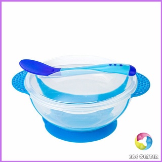 Eos Center ชุดชามข้าวเด็กก้นดูด ชามสำหรับเด็ก  มีช้อนและฝาปิด วัดอุณหภูมิได้ Baby Bowl set