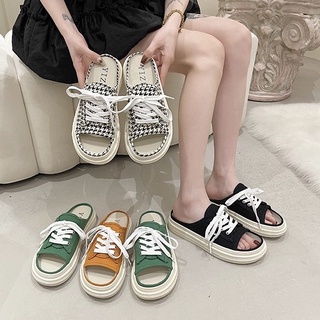 sy shoe899  รองเท้าผ้าใบแตะเปิดเท้า รองเท้าแตะแฟชั่น เกาหลีรุ่นใหม่ พื้นหนา3CM YiZu002