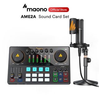 Maono AME2 ชุดไมโครโฟนคอนเดนเซอร์การ์ดเสียง Maonocaster Studio Audio Interface Mixer with Phantom power for Live, Recording, Podcast, YouTube