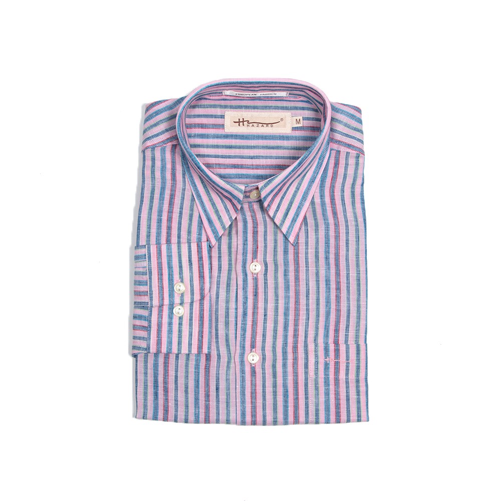 Hazard เสื้อเชิ้ตทำงานแขนยาวลายทาง ผ้า Linen(ลินิน) สีชมพูกลาง
