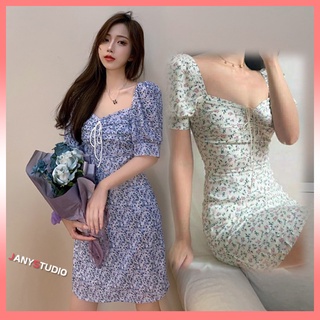 Mini Dress ลายดอกไม้ งานคอกว้างแขนตุ๊กตา ชุดเดรสเข้ารูปหุ่นสลิม เดรสลายดอกไม้  สีฟ้า สีขาว งานน่ารักแอบเซ็กซี่เบาๆ