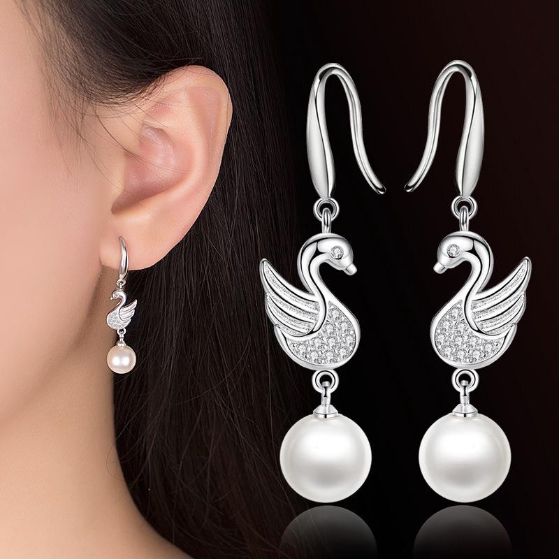 ต่างหูเงิน 925 Swan ตุ้มหู Pearl Korea Fashion WE57R Earrings