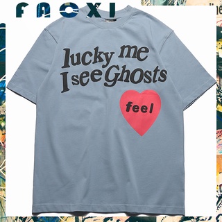 เสื้อยืดโอเวอร์ไซส์【FACXI】เสื้อยืดผ้าฝ้าย พิมพ์ลาย LUCKY ME I SEE GHOSTS สไตล์ฮิปฮอป พลัสไซซ์  S-5XL