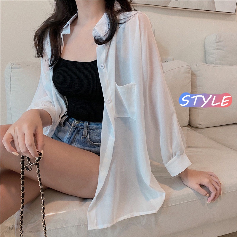 STYLE พร้อมส่ง 008* เสื้อคลุม เสื้อคลุม สไตล์เชิ้ต ผ้าชีฟองเนื้อดี แขนยาว ตัวใหญ่ มีกระเป๋า 2 ข้าง บางพลิ้ว ใส่สบาย