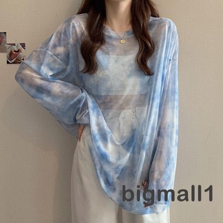 Bigmall- เสื้อยืดแขนยาว คอกลม พิมพ์ลายมัดย้อม ซีทรู ป้องกันรังสียูวี แบบบางพิเศษ สําหรับผู้หญิง